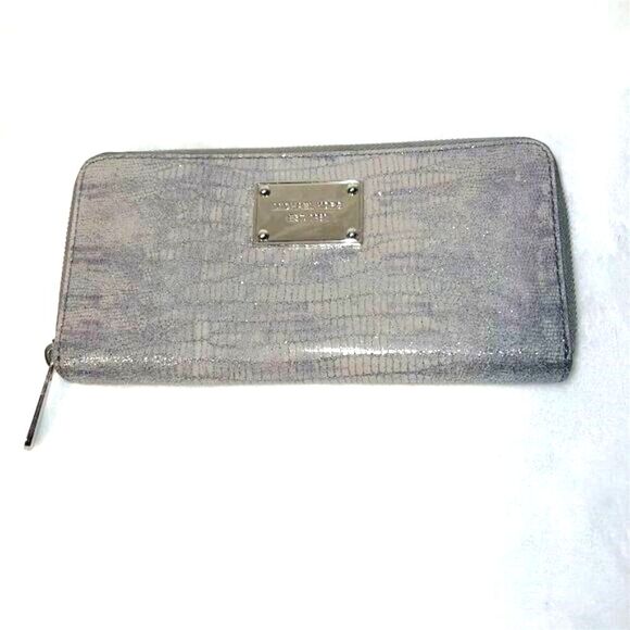 Michael Kors Women's Gray Snakeskin Leather Zip-Around Wallet - Picture 1 of 8